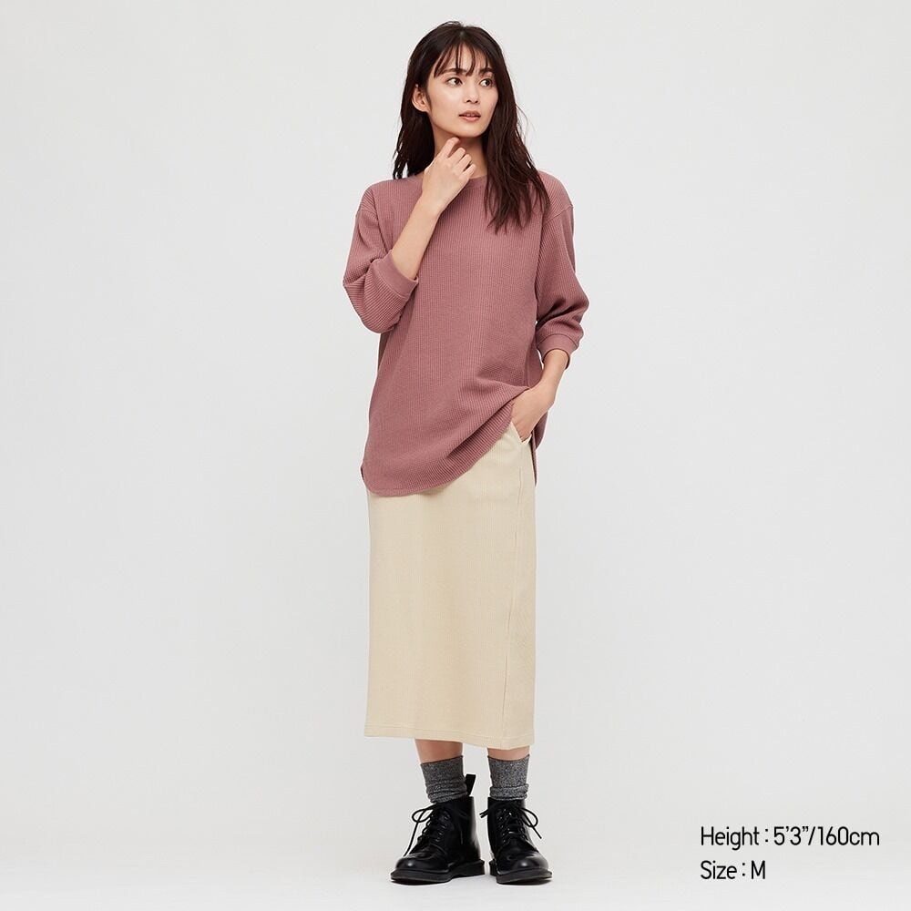 L Uniqlo Women Waffle Crew Neck 3/4 Sleeve Sweater